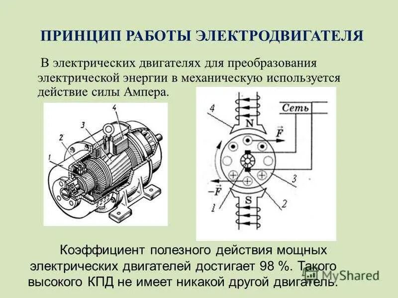 Используя рисунок опишите принцип действия электродвигателя
