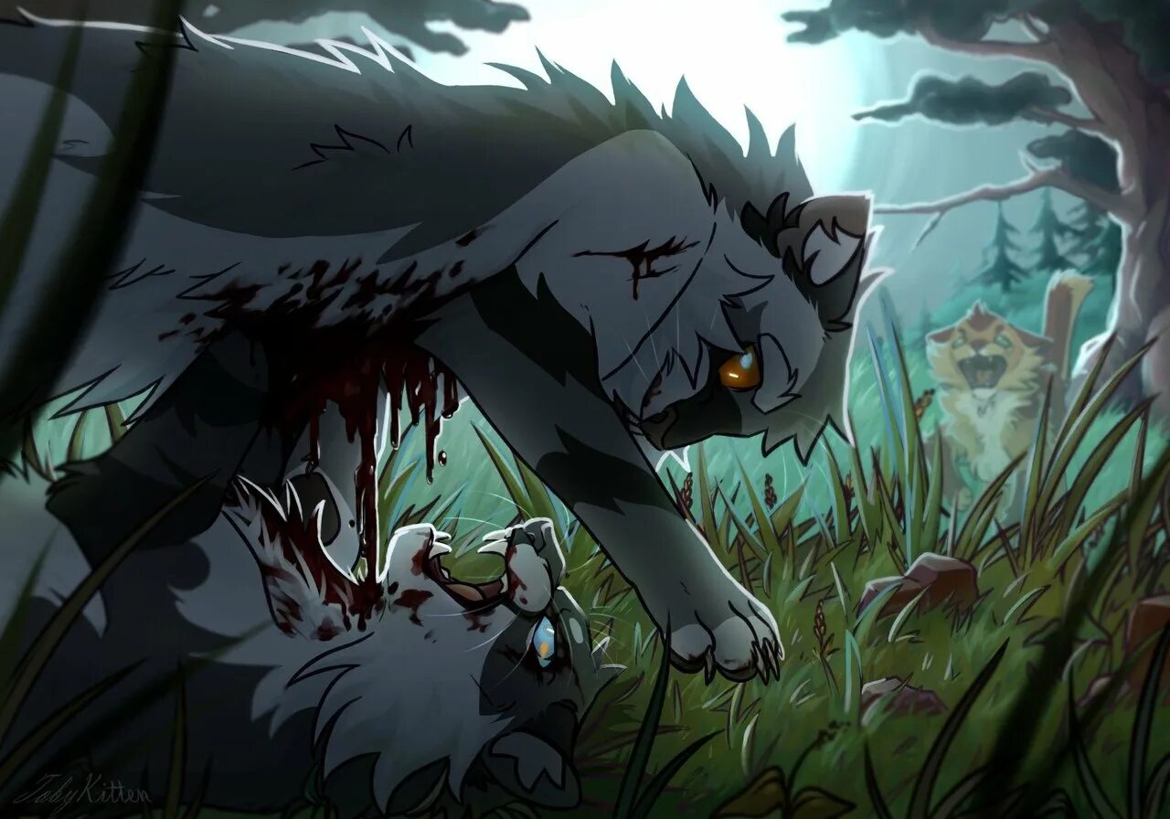 Коты воители расколотое небо читать. Коты воители крутобок смерть. коты воители смерть частокола. коты воители арт смерти.