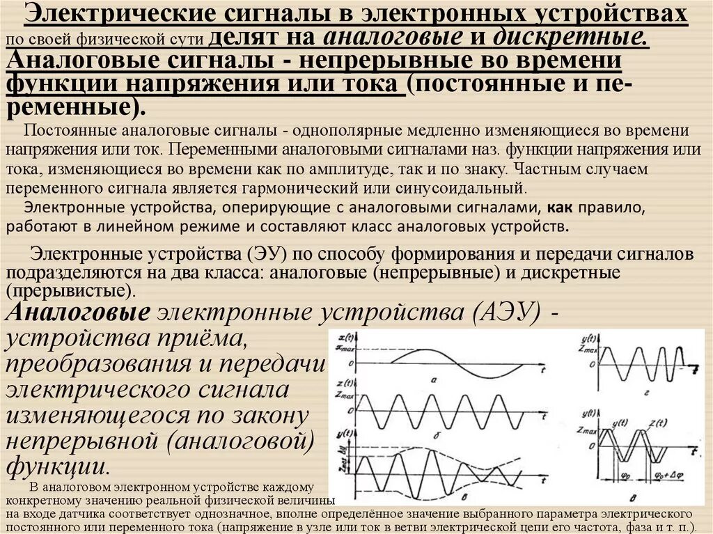 Аналоговые электронные устройства. Формирования и передачи аналоговых сигналов. Непрерывный аналоговый сигнал. Дискретные электронные устройства.