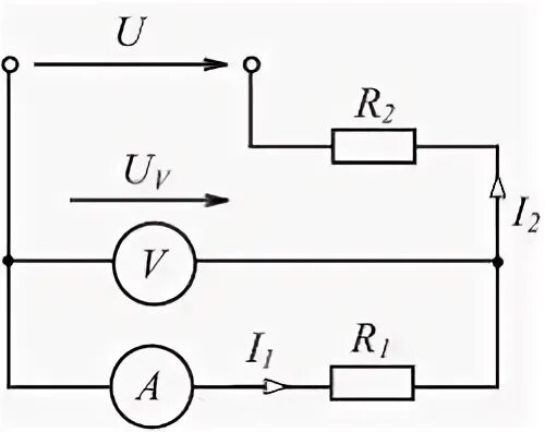 Схемы по физике с двумя вольтметрами. Что покажет амперметр в схеме.