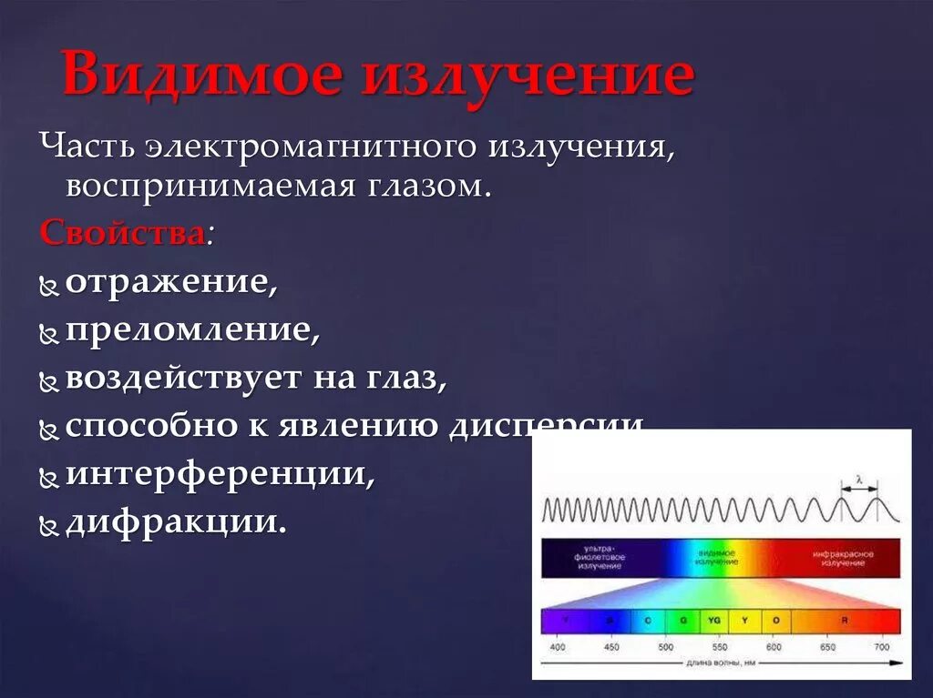 Видимый глазом диапазон электромагнитного излучения. Видимый свет излучение. Видимый свет свойства излучения. Свойства видимого излучения. Применение видимых волн