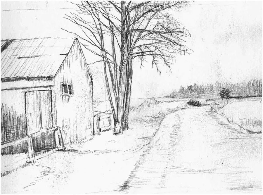 Рисунки 6 карандашом. Пейзаж в графике легкий. Сельский пейзаж в перспективе. Пейзаж для новичков карандашом. Набросок пейзажа карандашом для детей.