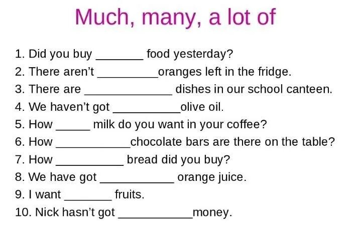 Задания на much many a lot of. Much many a lot of упражнения 5 класс. Английские задания про many и much. Much many a lot of упражнения 4 класс. Вставьте many a lot of