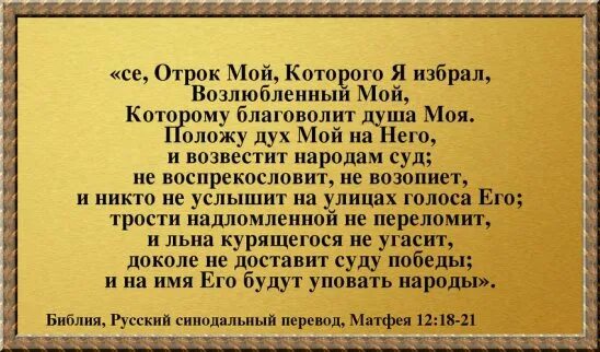 Се отрок мой которого я избрал. С милостивым ты поступаешь милостиво с мужем искренним. Благоволит душа моя. Не воспрекословит не возопиет.