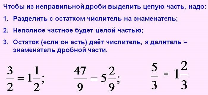 Дробь 10 5 выделить целую часть. Как выделить целую часть. Смешанная дробь. Неправильные дроби в смешанные. Как из неправильной дроби выделить целую часть и дробную.