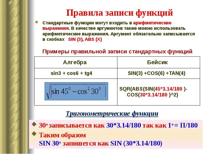 Норма функции примеры. Правила записи стандартных функций. Правила записи выражений. Правила записи функции сумма приведите примеры. Правила записи аргументов стандартных функций.