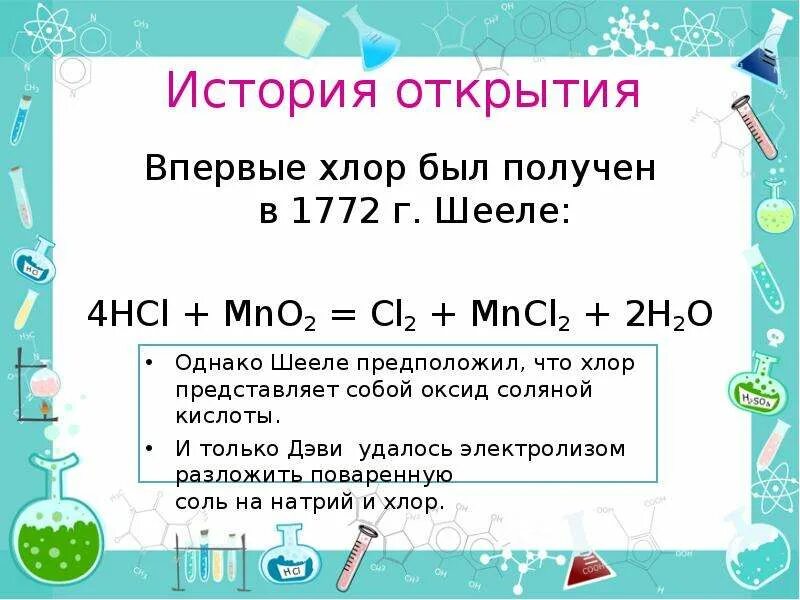 X hcl cl2 y. Шееле хлор. Способы получения хлора. Хлор история открытия. Методы получения хлора.