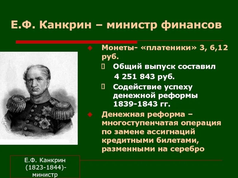 1839-1843 Денежная реформа е.ф.Канкрина. Денежная реформа е.ф. Канкрина (1839-1843) причины. Главная идея финансовой реформы канкрина