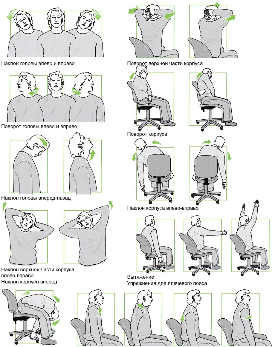 Упражнения для снятия усталости при работе за компьютером. Упражнения для спины и шеи на рабочем месте. Упражнения для спины при сидячей работе. Комплекс упражнений для работающих за компьютером.