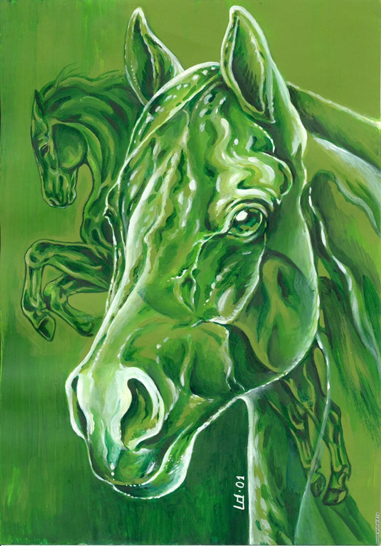 Лошадь зеленого цвета. Лошадь зеленого цвета. Лошадь на зеленом фоне. Лошадь зеленого цвета. Картина в зеленых тонах.