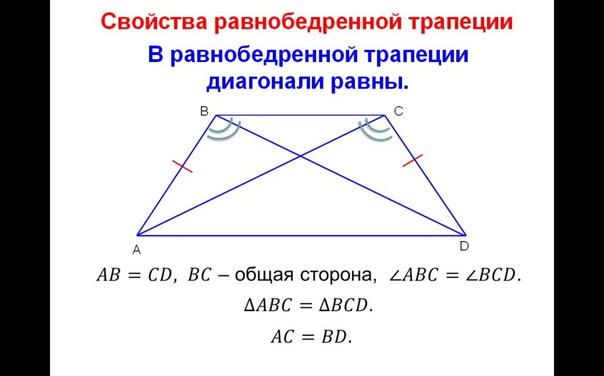 Свойство диагоналей равнобедренной трапеции доказательство. В равнобедренной трапеции диагонали равны доказательство. Свойства равнобедренной трапеции с перпендикулярными диагоналями. Свойства равнобедренной трапеции диагонали равны. Диагонали всегда равны у