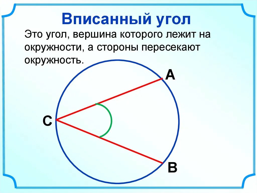 Окружность вписанная в угол 7 класс урок. Вписанные углы.. Вписанный угол окружности. Центральные и вписанные углы. Углы в окружности.