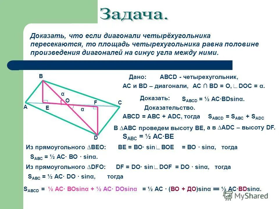 Плоащдь четырёхугольника через диагонали. Площадь выпуклого четырехугольника. Площадь четырехугольника диагонали. Площадь выпуклого четырехугольника через диагонали.