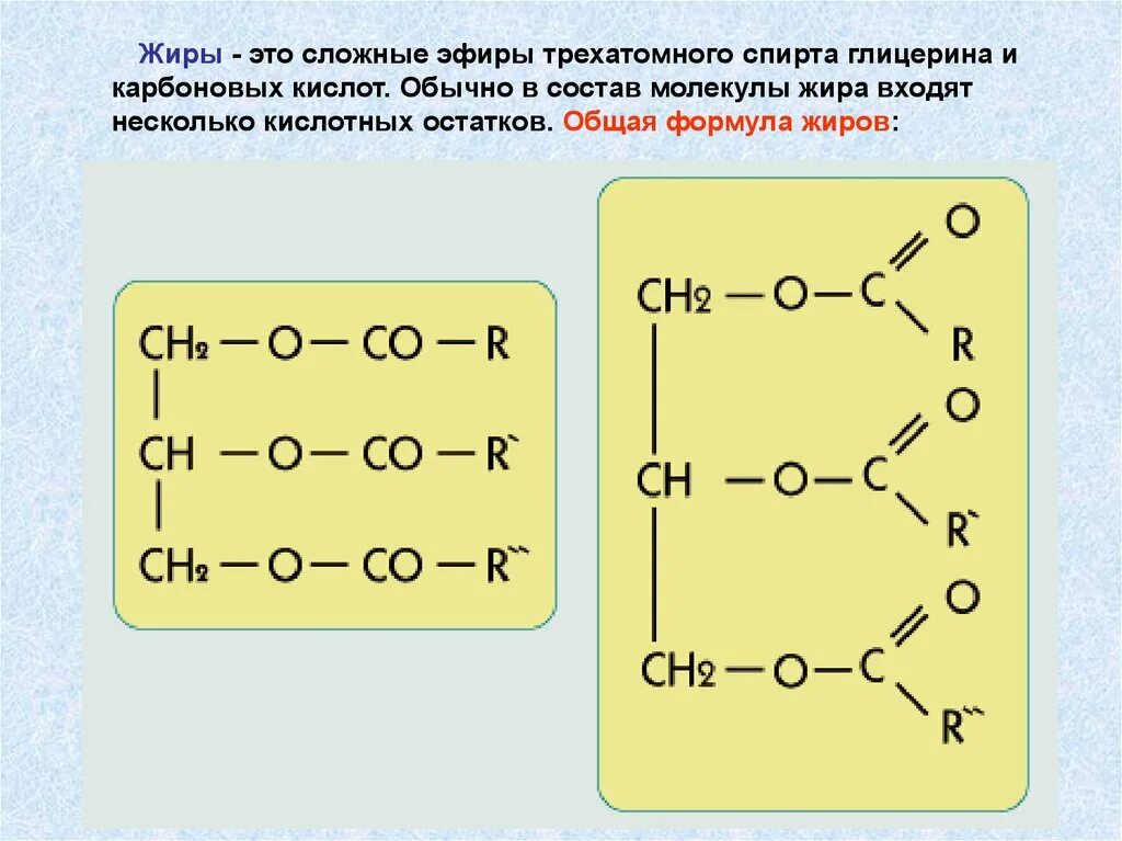 Какой остаток входит в состав жира. Строение молекулы сложных эфиров и жиров. Сложные жиры общая формула. Общая формула молекулы жира. Общая формула сложных эфиров.