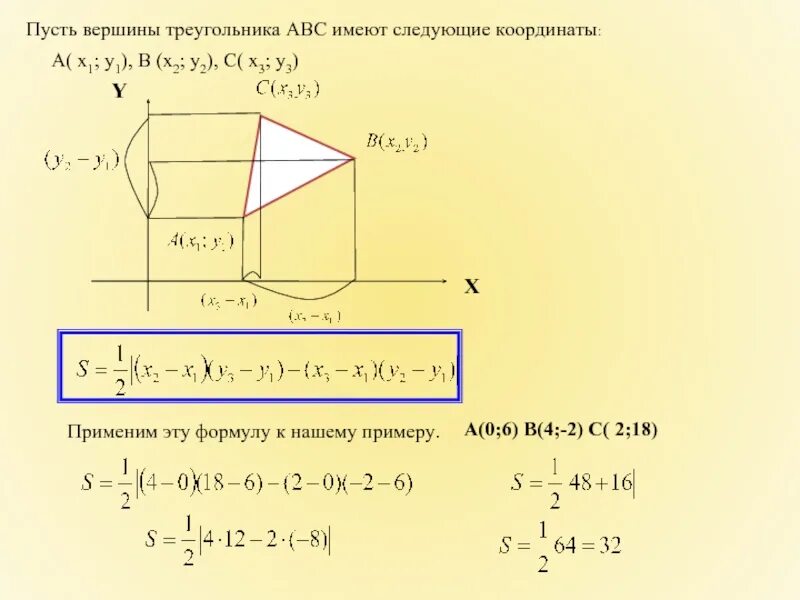 Имеют координаты. Формула площади треугольника через координаты его вершин. Как вычислить площадь треугольника по координатам вершин. Формула нахождения площади треугольника через координаты вершин. Как по координатам трёх вершин вычислить площадь треугольника.