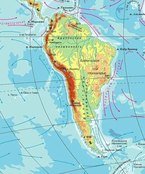 Холодные течения южной америки. Фолклендское течение на карте Южной Америки. Течения Южной Америки на карте. Горы Анды на физической карте.