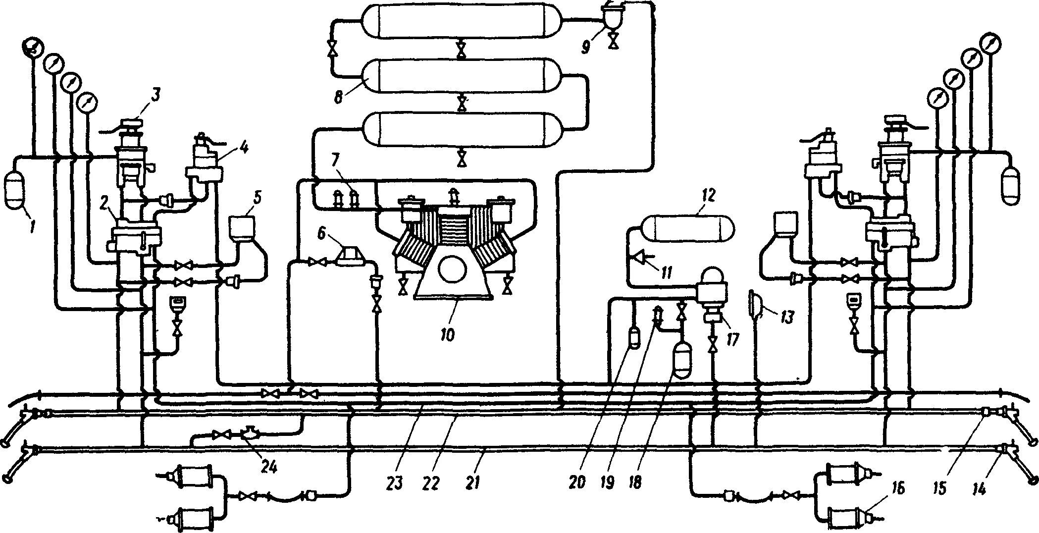Схема тормозного оборудования вл 80 с. Схема тормозного оборудования грузового локомотива. Пневматическая схема тормозного оборудования тепловоза чмэ3. Схема тормозов пассажирского вагона. Тормозное оборудование вагона пассажирского вагона.