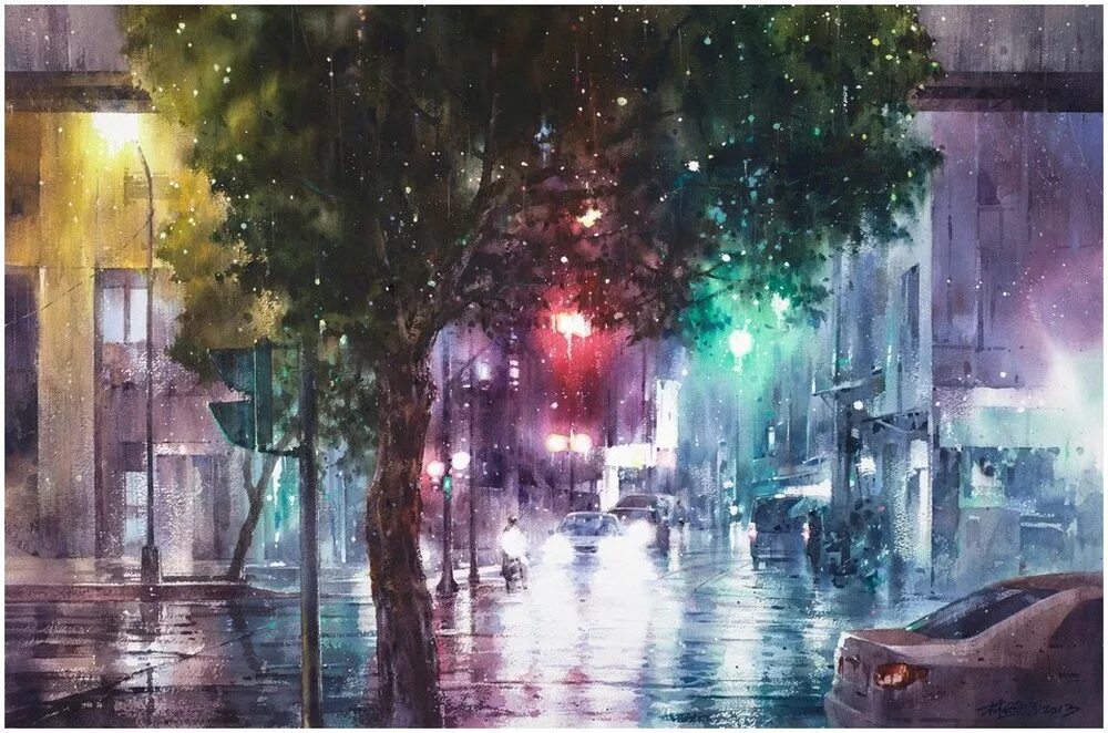 Дождь в большом городе. Лин Чинг че художник. Художник Лин Чинг че акварель. Тайваньский художник Lin Ching che.