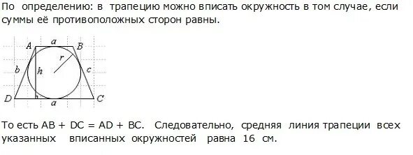 Средняя линия трапеции через окружность. Средняя линия трапеции в окружности. Средняя линия трапеции вписанной в окружность. Окружность вписанная в равнобокую трапецию. Средняя линия трапеции в которую вписана окружность.