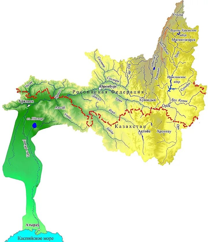 Река орь на карте. Бассейн реки Урал на карте. Река Урал с притоками на карте. Река Урал на карте России и Казахстана.