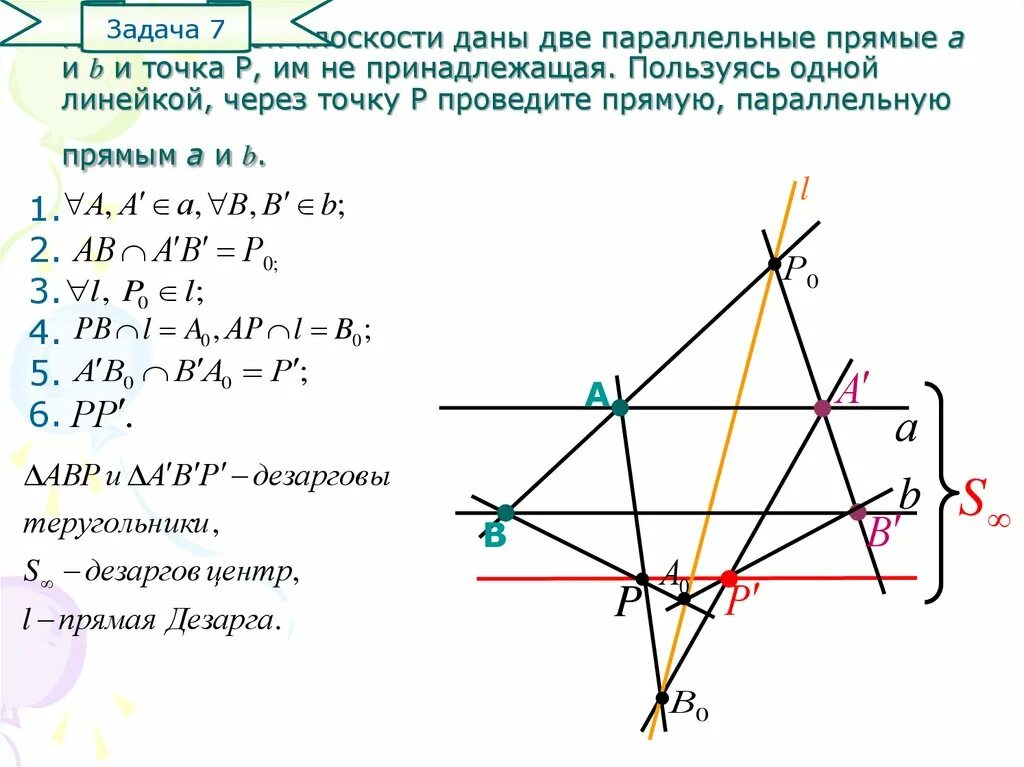 Через какие точки нужно провести прямую. Теорема Дезарга. Провести прямую параллельную данной через точку. Проведите через точку прямую параллельную прямой. Через данную точку провести прямую параллельную данной прямой.