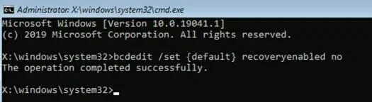 Bcdedit set default. Bcdedit.exe bcdedit /set {default} recoveryenabled no. recoveryenabled no версия 10.0.19041.1.