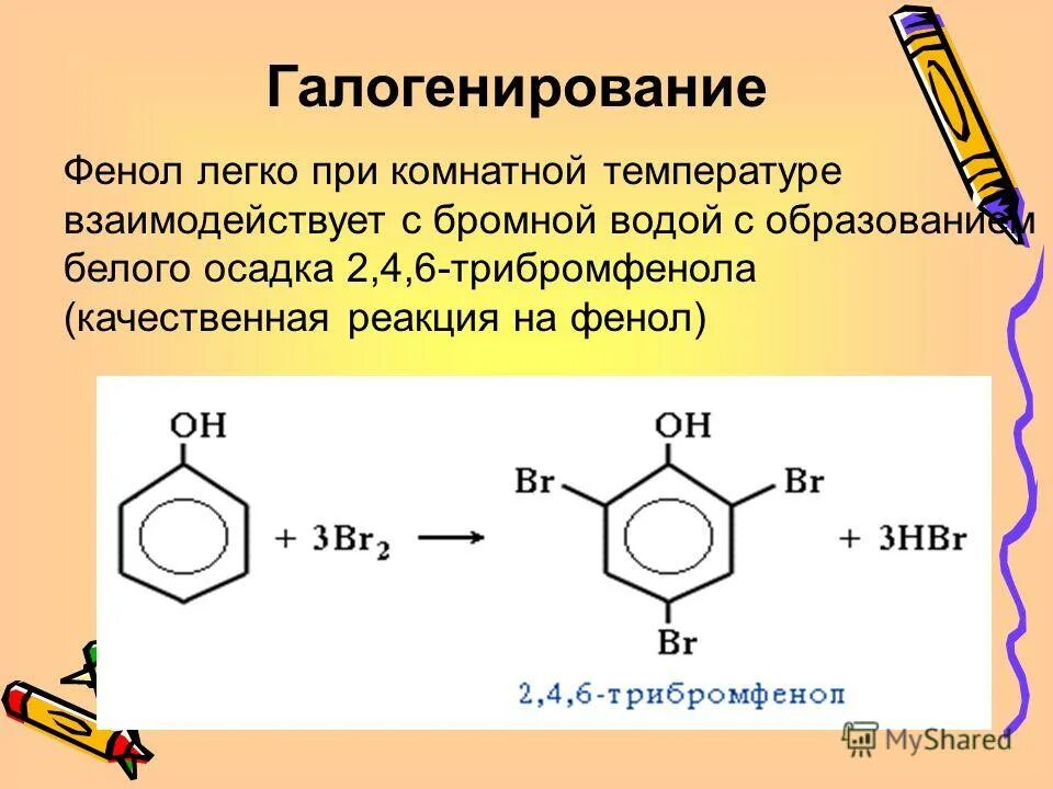 При взаимодействии фенола с бромной водой образуется. Галогенирование фенола механизм реакции. Фенолы галогенирование фенола. Качественная реакция на фенол с бромом. Фенол и бромная вода.