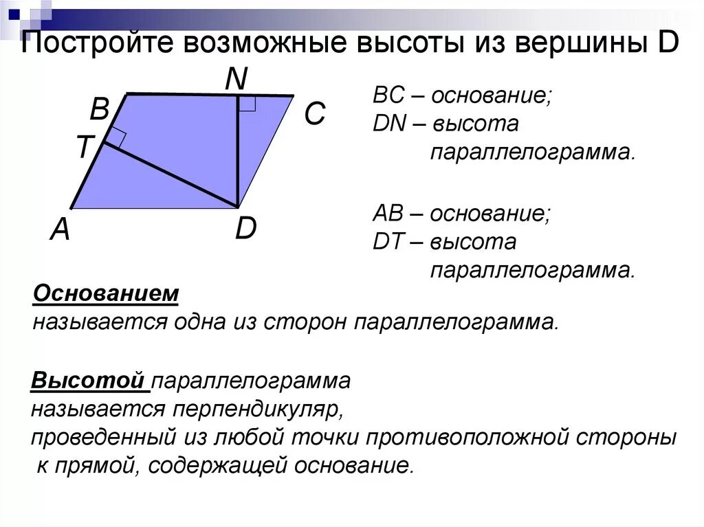 Как найти высоту параллелограмма зная стороны. Параллелограмм. Вершины параллелограмма. Высота в параллелограмме свойства. Площадь параллелограмма.