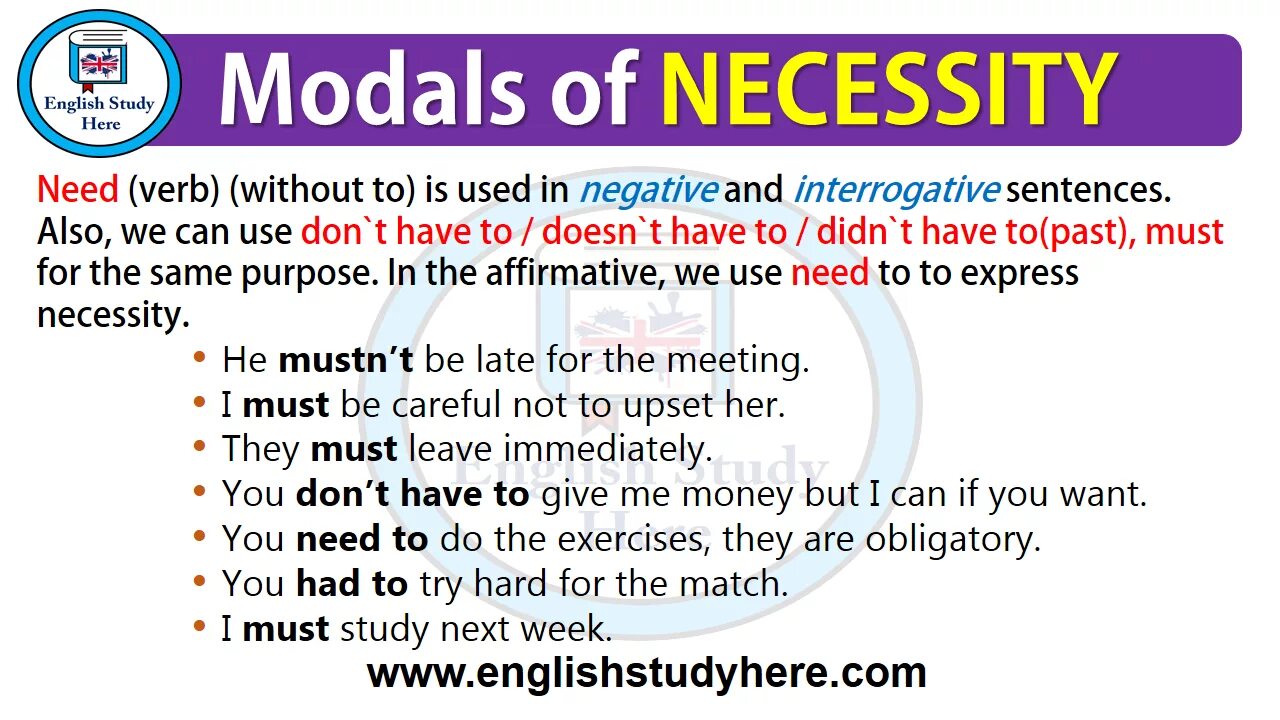 Modals of necessity. Necessity modal verbs. Necessary modal verb. Модальный глагол of obligation правило.