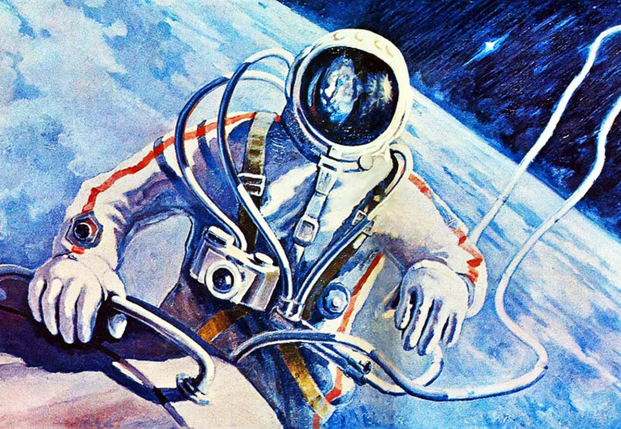 Первый человек в открытом. Картины леонова космонавта. космонавт картина. восход-2 человек в космосе. а. леонов впереди земля.