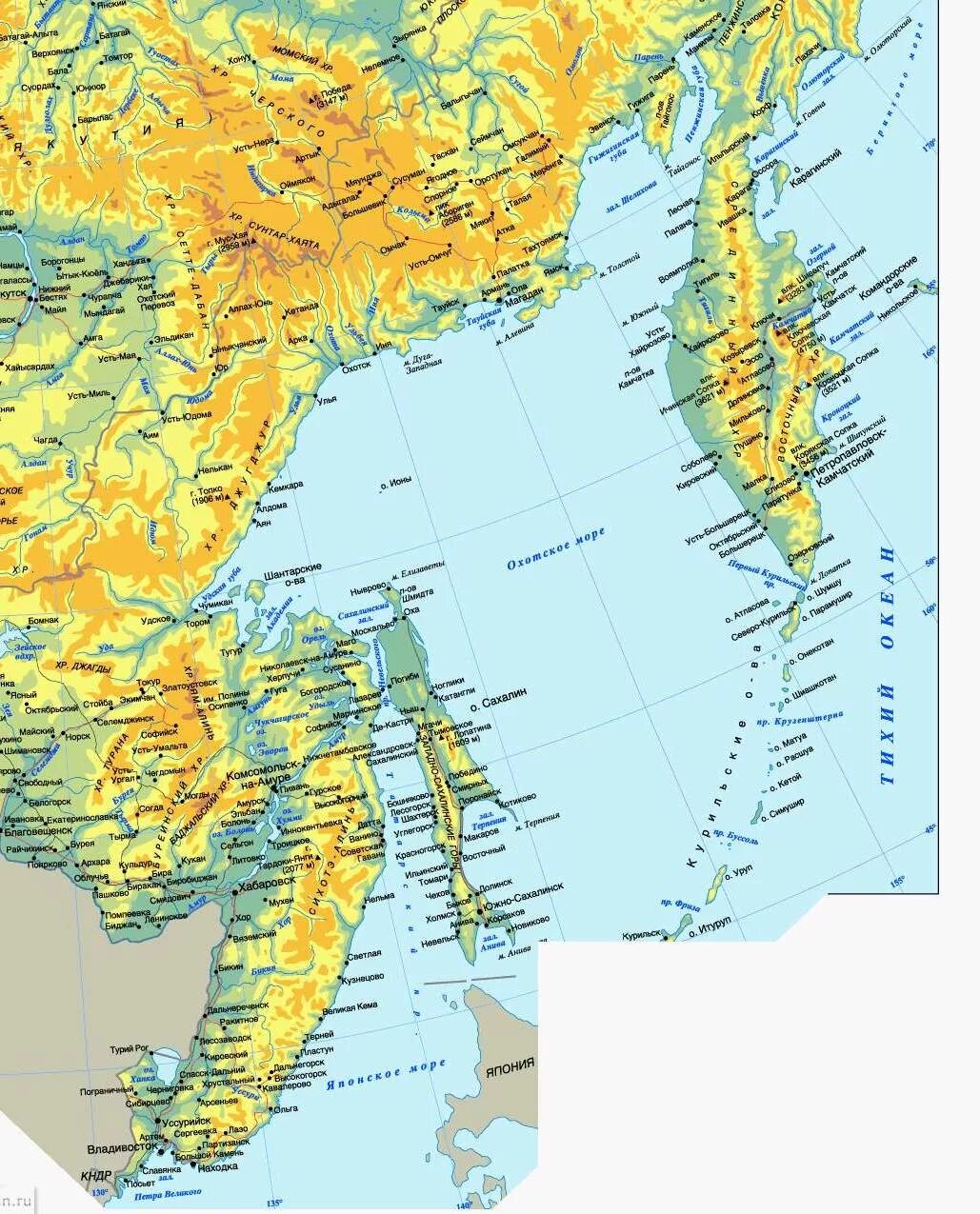 В какой океан впадает камчатка. Побережье Охотского моря карта. Охотское море на карте. Дальний Восток Охотское море. Охотское море географическая карта.
