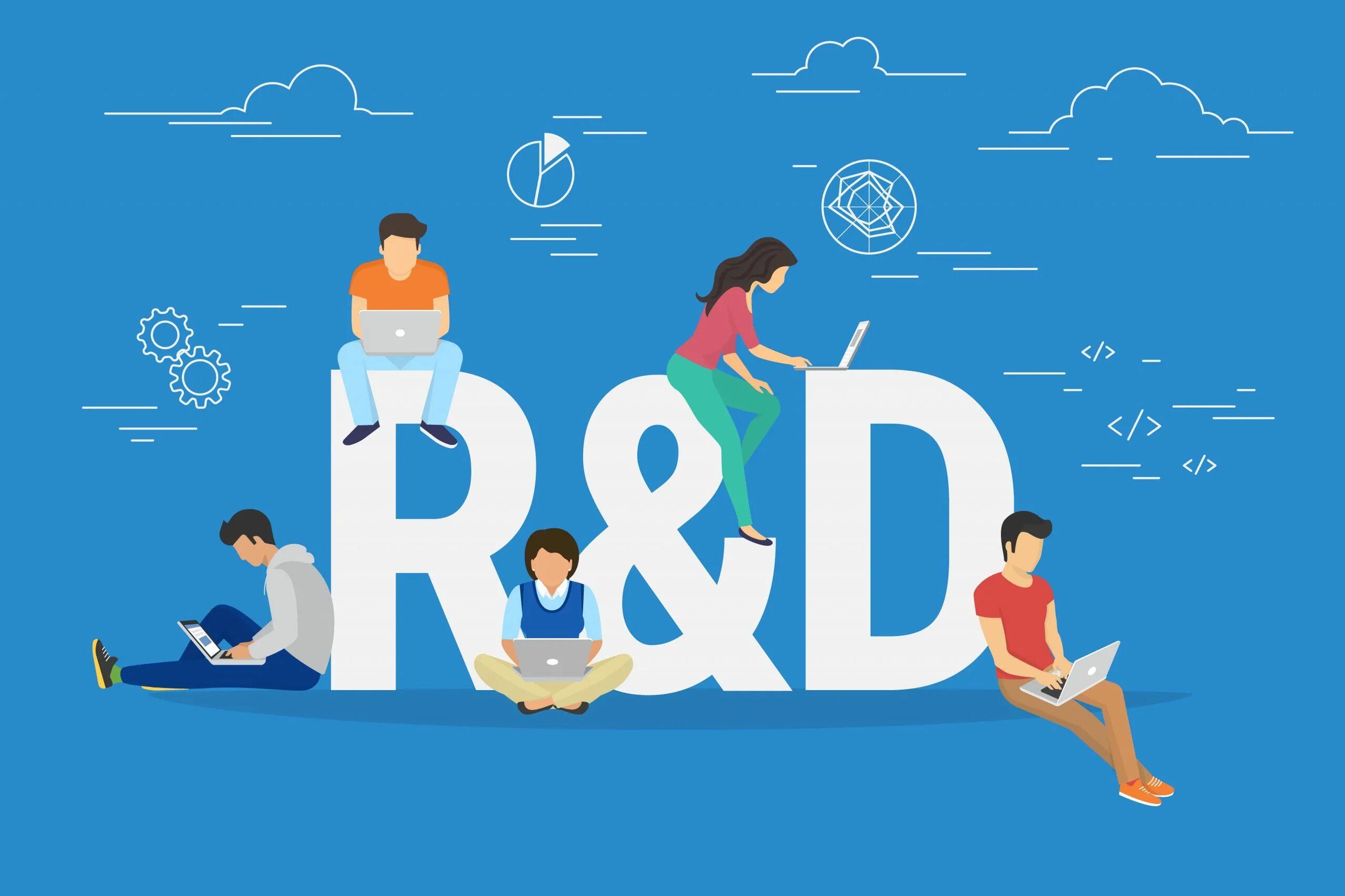 N r dev. R&amp;d отдел. research and development. дайджест иллюстрация. research and development department.