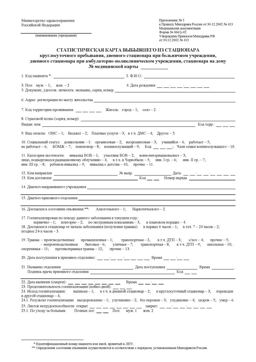 Форма карты выбывшего из стационара. Статистическая карта стационарного больного форма 066у-02. 066у медицинская карта стационарного больного. статистическая карта выбывшего из стационара дневного стационара. статистическая карта стационарного больного заполненная.