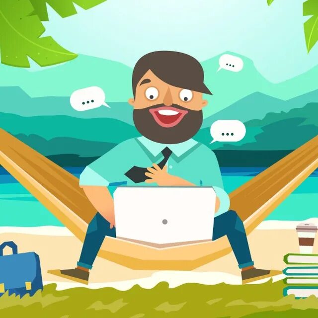 Программист в гамаке. Фрилансеры чат. "A Digital Nomad идиома. A guy with a Laptop on a Hammock.