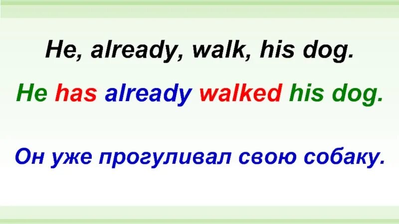 He has already come. Написать 3 предложения с have Dog, has Dog. Yesterday, he walked his Dog.. Have already. His Dog have/has.