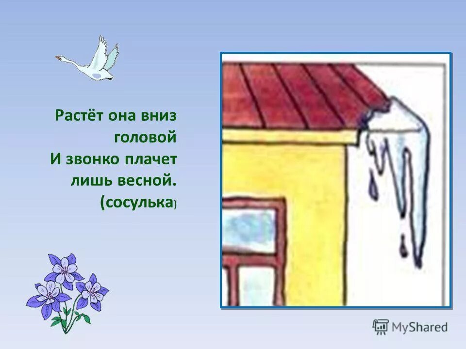 И кричит о чем то звонко конопатая. Растёт она вниз головою. Домик цветной картинка для детей весенний для сосулек. Птички пьют на крыше сосульки нарисовать.