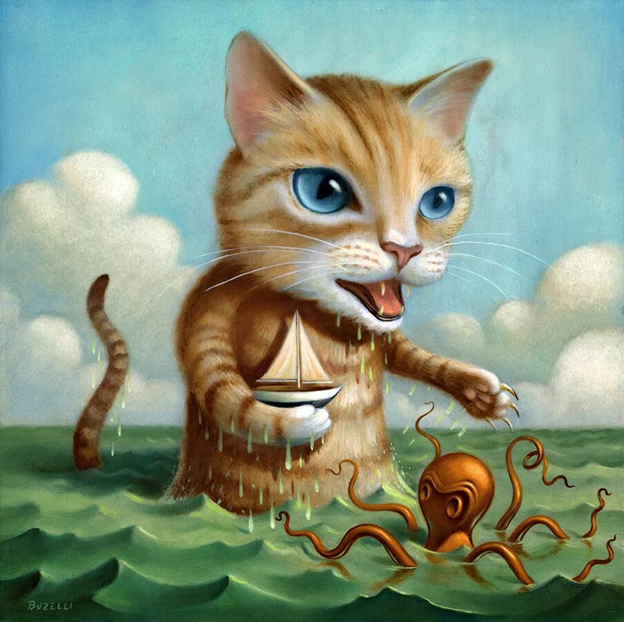 Кошка сюрреализм. Сказочная кошка. Кот картина. Волшебный кот. Сказочные кошечки