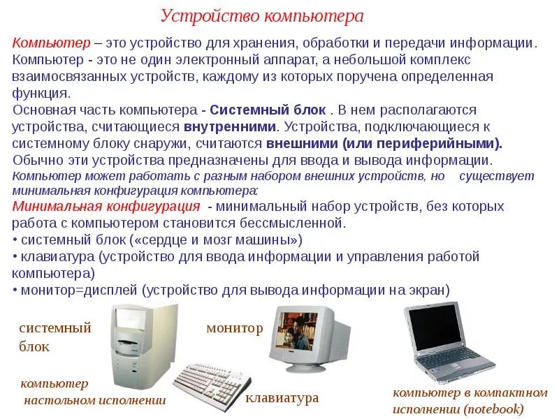 Технология работы на компьютере. Компьютерные устройства. Устройство персонального компьютера. Основные части компьютера. Работа с устройствами ПК.