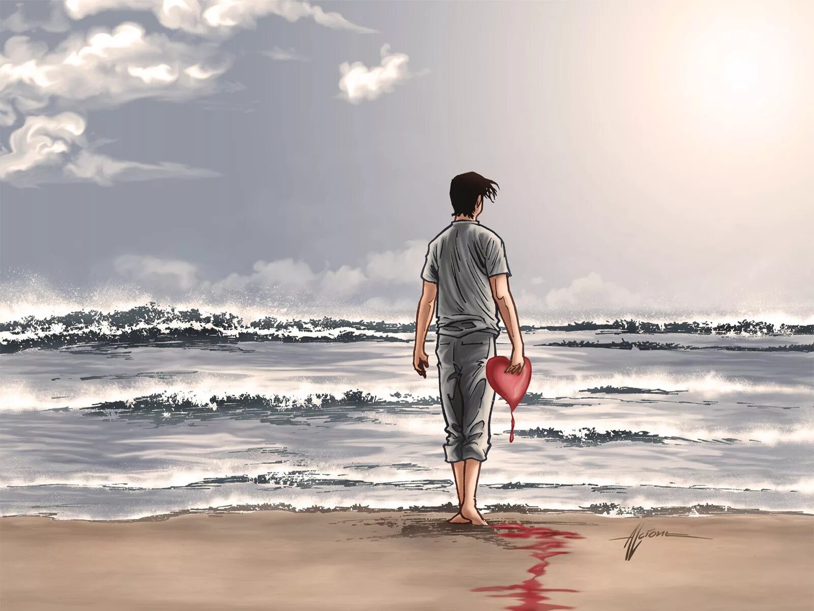 Люди на море. Парень с сердцем. Одинокий человек на берегу моря. Человек с разбитым сердцем.