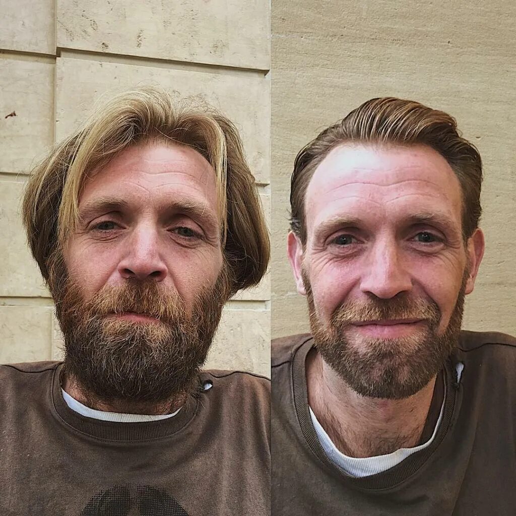 Джошуа Кумбс парикмахер. Преображение бомжа. Бомж до и после Преображения.