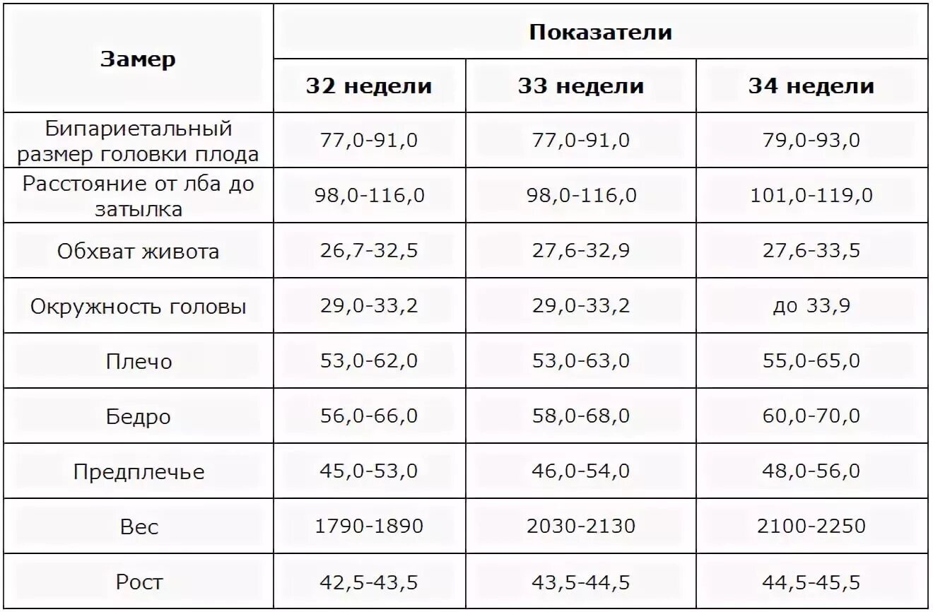 33 неделя размеры