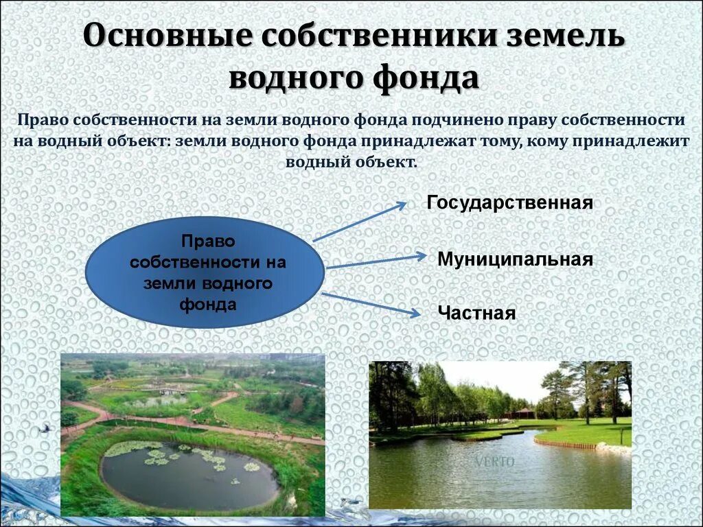 Право собственности на земли водного фонда. 1.Правовой режим земель водного фонда. Классификация земель водного фонда. Классификация земель водного фонда РФ.