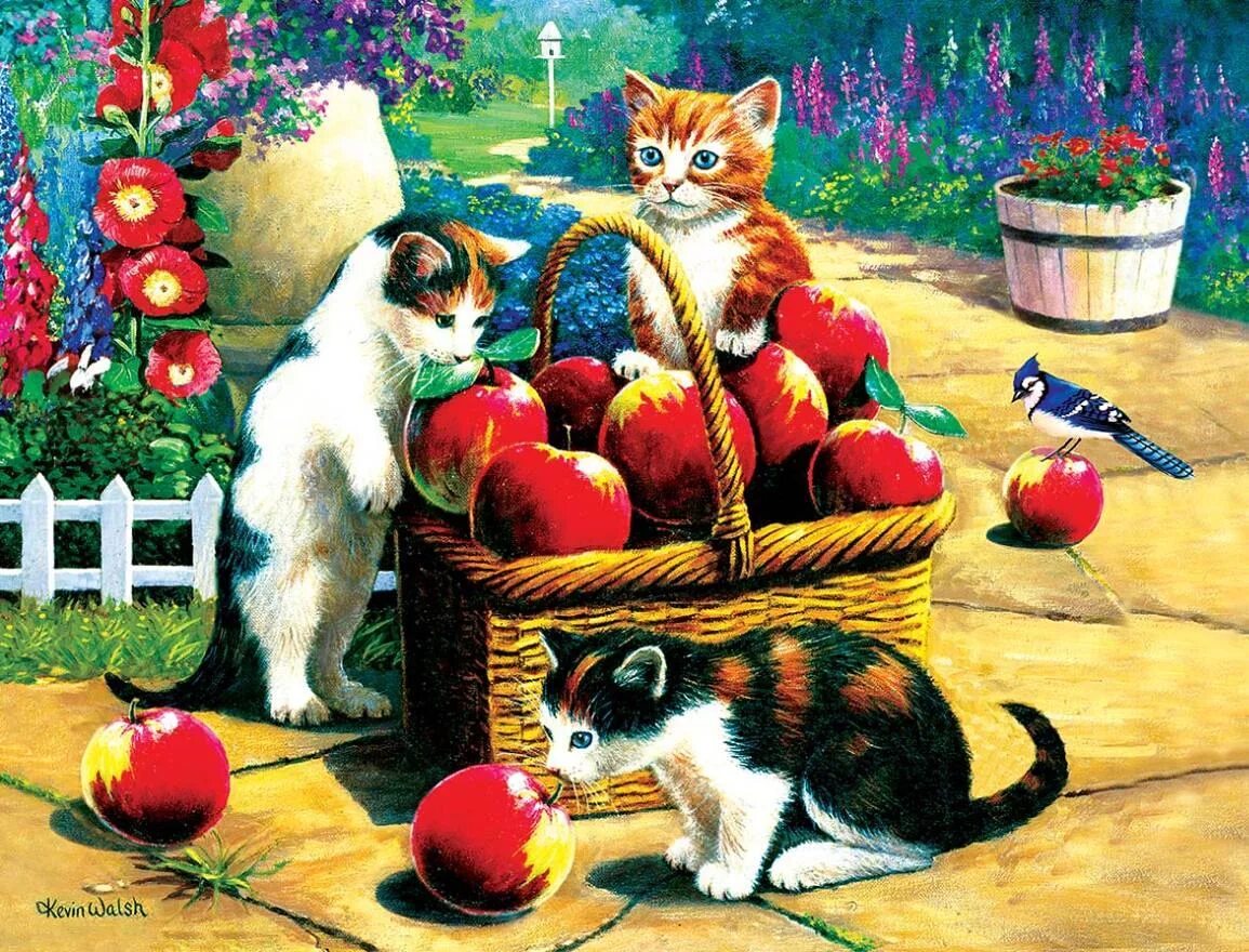 Пазлы котята собранные. Уолш Кевин (Kevin Walsh) кошки, собаки. Пазлы с котятами собирать. Пазл кошки с яблоней. Пазлы кошка с ягодами.
