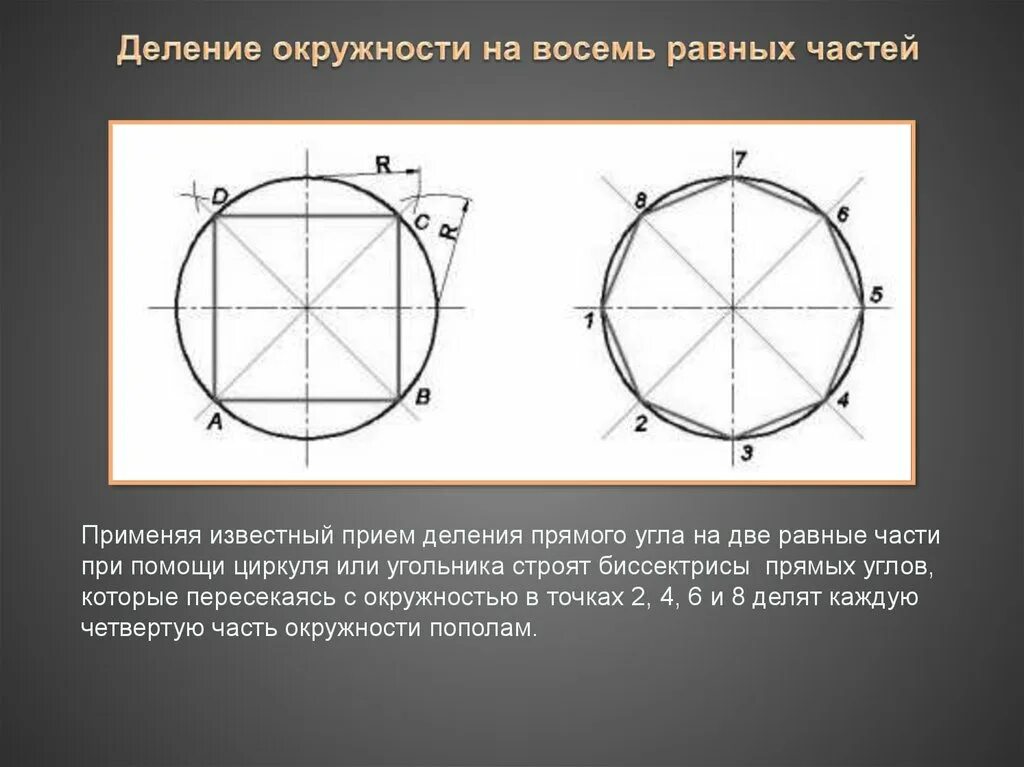 Деление окружности на равные части: 3,4,5,6,8,10,12. Деление окружности на равные части. Деление окружности на 4 равные части. Деление окружности на 8 равных частей.