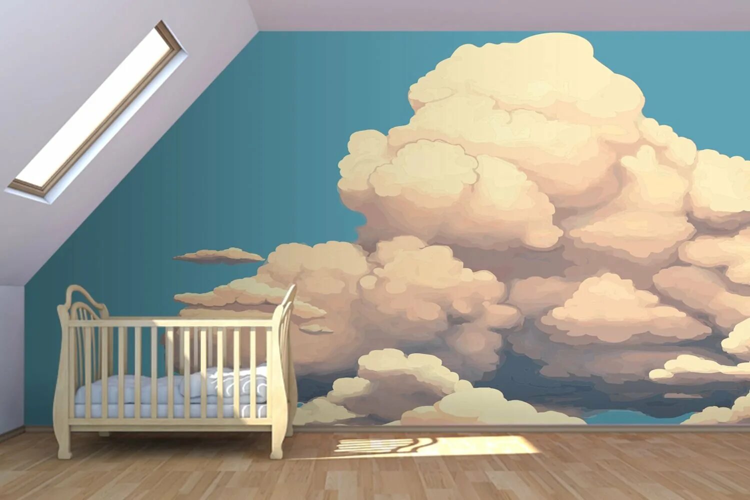 Белые облака и дом. Облака на стене. Облака в комнате. Облака в интерьере. Роспись стены в детской небо.