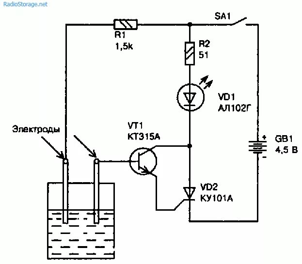 Датчик уровня воды схема принципиальная электрическая. Сигнализатор уровня жидкости Эл. Схема. Простой сигнализатор уровня воды схема. Схема включения датчика уровня воды. Контроль воды в баке
