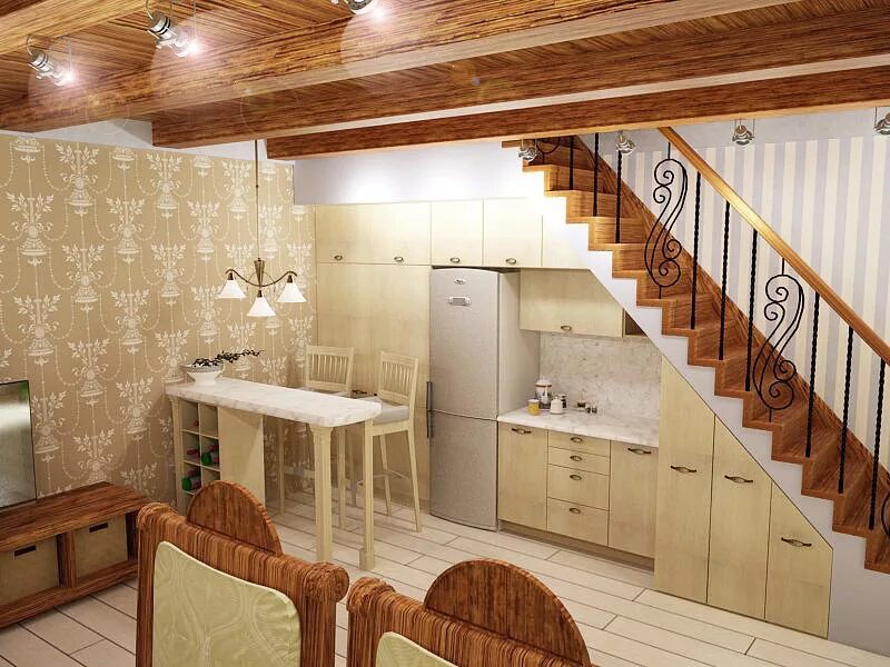 Кухня на первом этаже. Кухня под лестницей. Интерьер кухни с лестницей. Кухня гостиная с лестницей. Кухня с лестницей на второй этаж в частном доме.