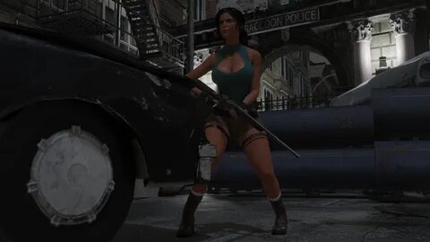 lara croft, tomb raider, 3d, blender, brown hair, city, female, gun, rifle,...
