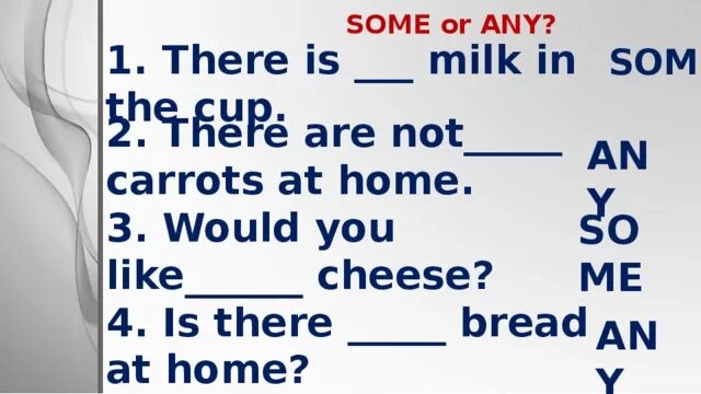 There is some ice. Milk there is или there are. There is some Milk или there are some Milk. There is или there are any Milk. Some Milk или any Milk.