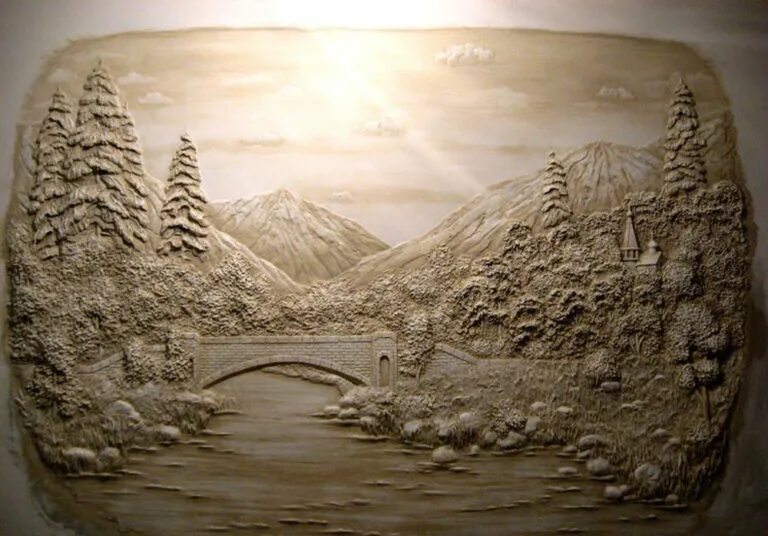 Рельеф рисунок. Барельеф Крымский пейзаж. Рельеф на стене. Барельеф природа на стене. Барельеф горы на стене.